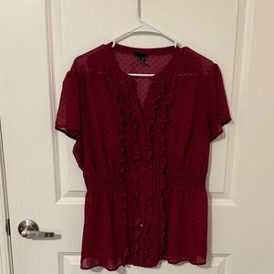 torrid Burgundy Polkadot Ruffle Front Short Sleeve Blouse